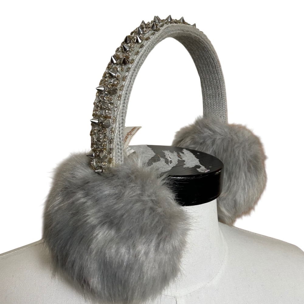 Gray Faux Fur Earmuffs Silver Spiked Beaded Embellished Headband Grunge